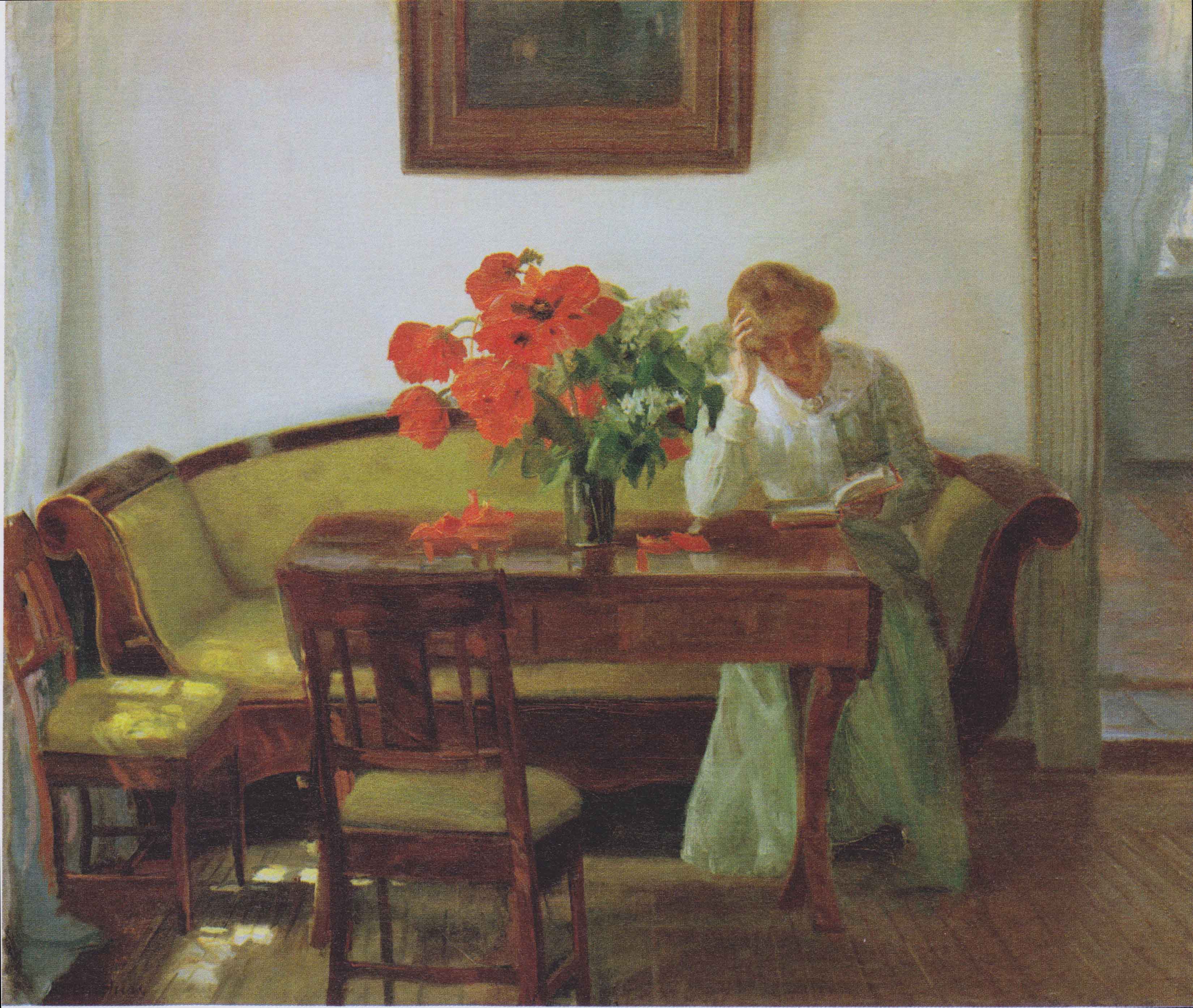Interior with poppies and reading woman